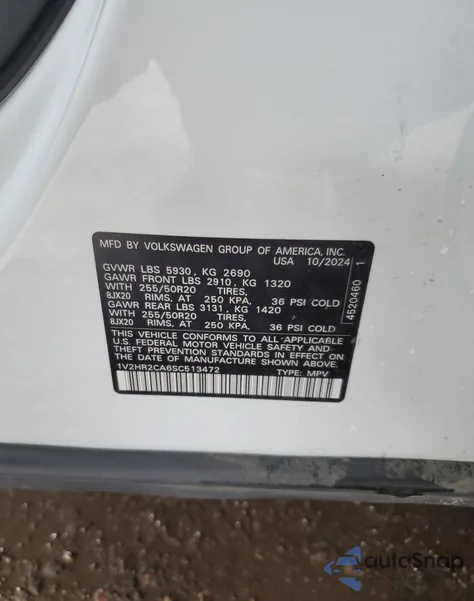 2025 Volkswagen Atlas Se z USA, uszkodzony, nr VIN 1V2HR2CA6SC513472